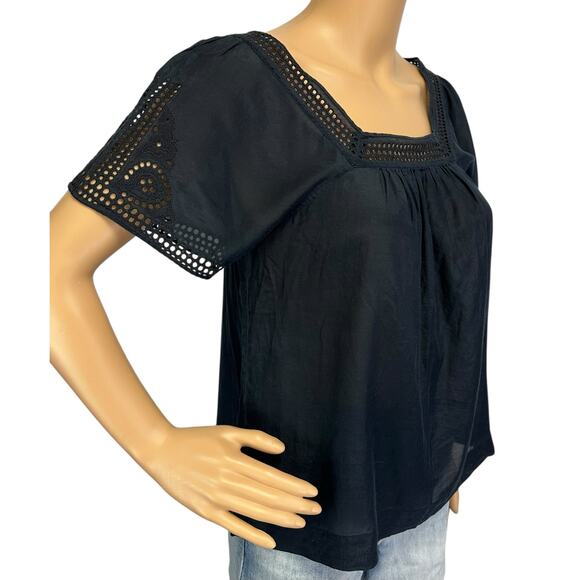 J. Crew Eyelet Silk Blend Blouse Black Embroidered Short Sleeve Size 0 - Picture 3 of 11
